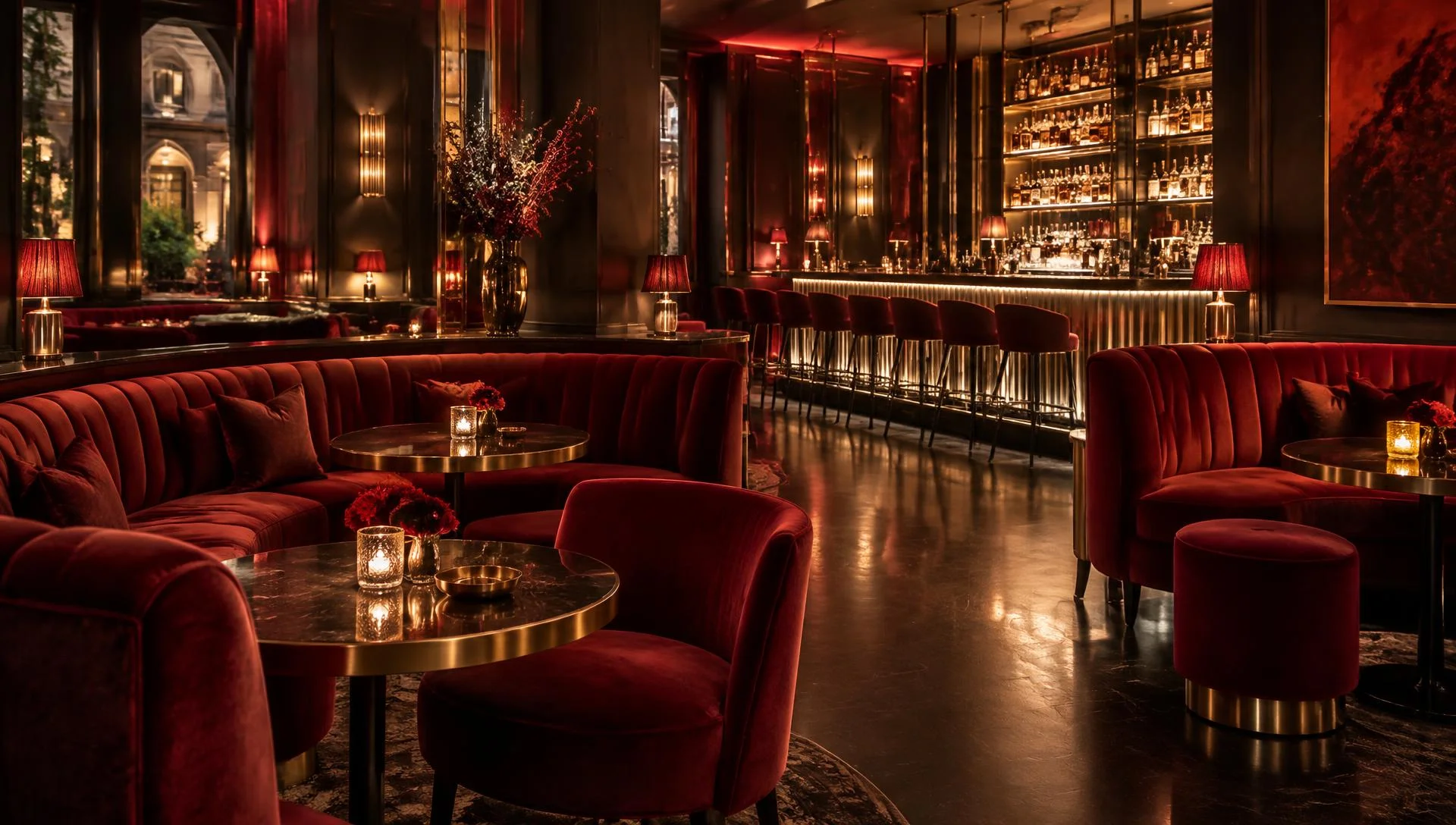 Elegante Lounge mit rotem Samt und Bar – Bildkonzept